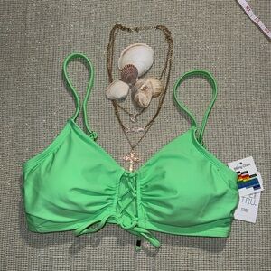 Women’s Green bikini top with adjustable straps and cross-over detail #beachy